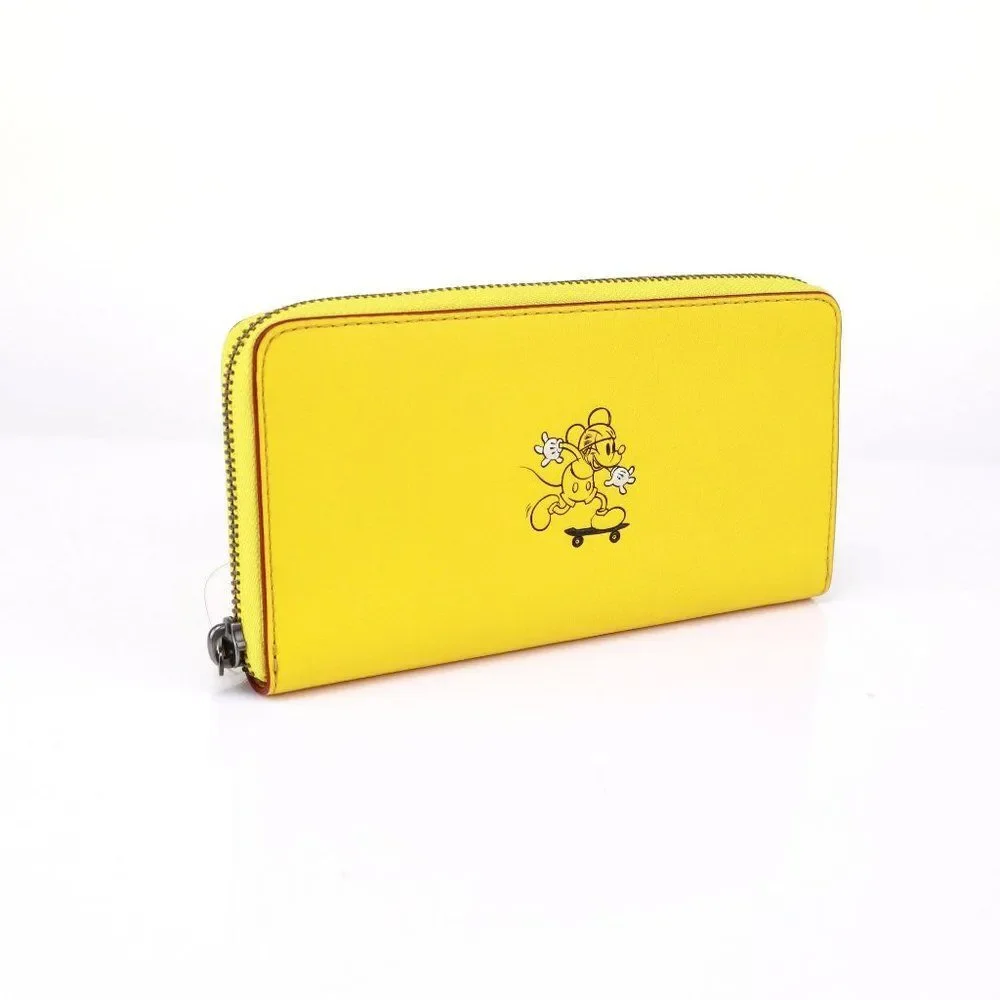 New Coach Disney Mickey Riding Skateboard Accordion Zip Wallet Banana Yellow - Picture 4 of 12